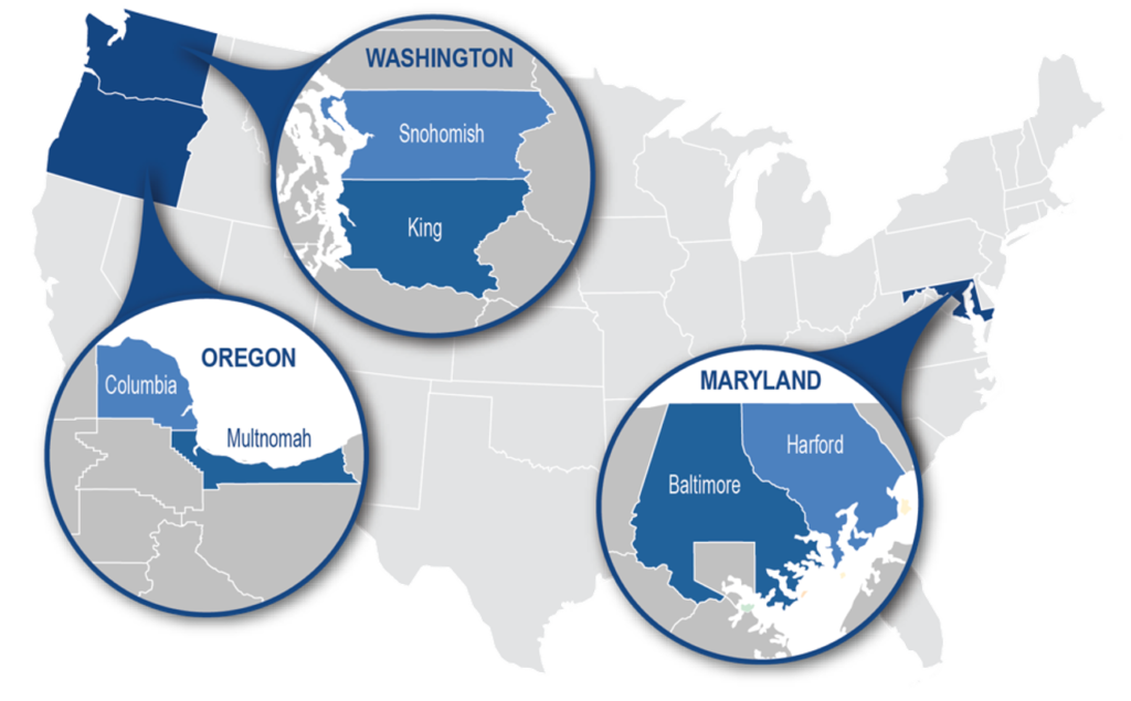 Map of the united states in light grey against a white background, with three states highlighted in dark blue. The blue states are accompanied with circles that highlight specific counties.