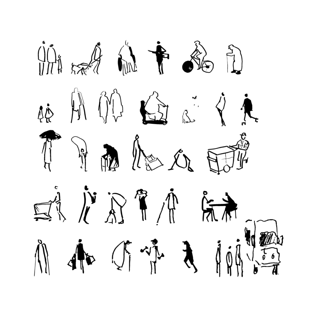 line drawings of all kinds of travelers ,including person with crutches, bicycle, cane, scooter, a guild-dog, skates, delivery trolly, white cane, and a group of children.