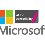 Logo for Microsoft AI for Accessibility contains multicolored square icon and "Microsoft" in grey text, as well as a grey rectangle with text that reads "AI for Accessibility"