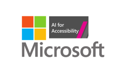 Logo for Microsoft AI for Accessibility contains multicolored square icon and "Microsoft" in grey text, as well as a grey rectangle with text that reads "AI for Accessibility"