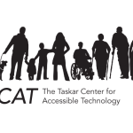 Logo for The Taskar Center for Accessible Technology shows silhouettes depicting people (and a dog) with various mobility aids. Below, the TCAT acronym and full text are in black text.