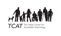 Logo for The Taskar Center for Accessible Technology shows silhouettes depicting people (and a dog) with various mobility aids. Below, the TCAT acronym and full text are in black text.