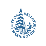 City of Bellevue logo in blue. Text reads City of Bellevue Washington, wrapped in a circle around an abstracted sailboat.