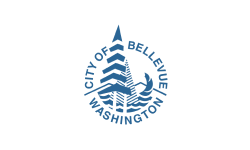 City of Bellevue logo in blue. Text reads City of Bellevue Washington, wrapped in a circle around an abstracted sailboat.