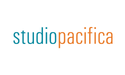 Logo for Studio Pacifica in blue and orange text across a white background.