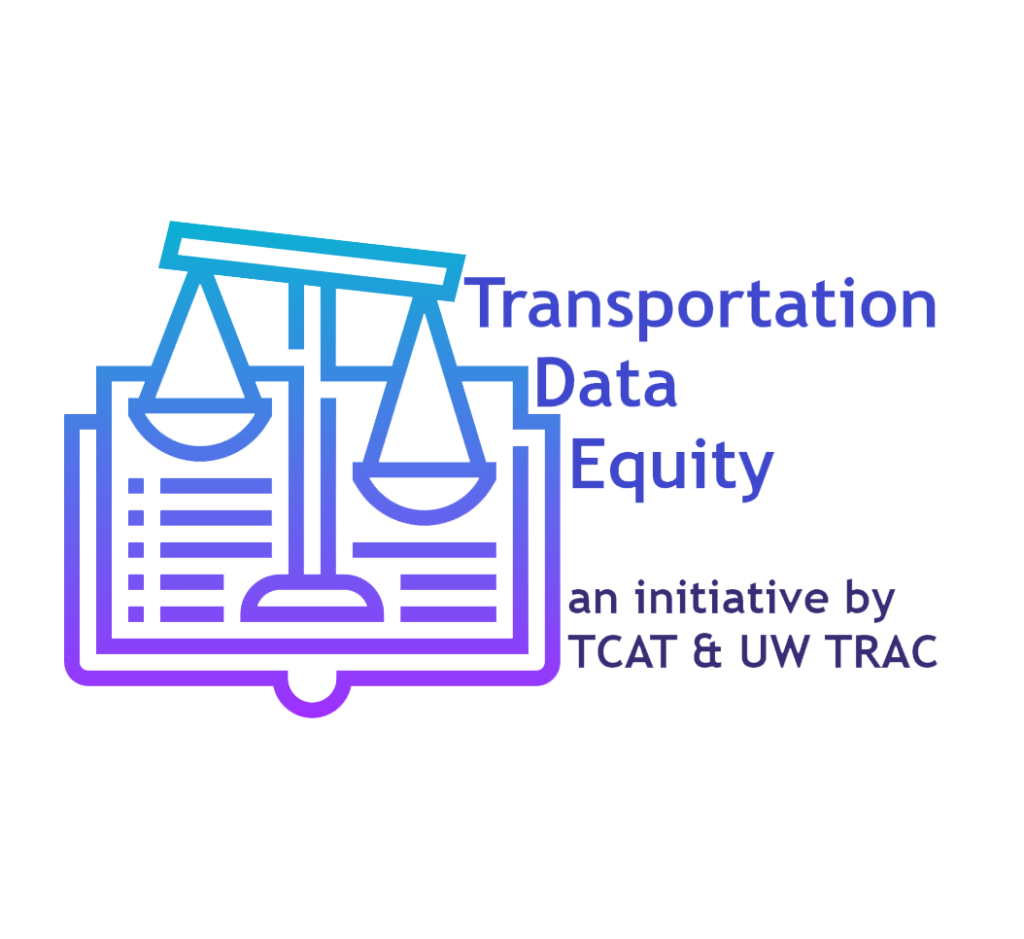 Icon for Transportation Data Equity showing outline of a justice balance over a data background.