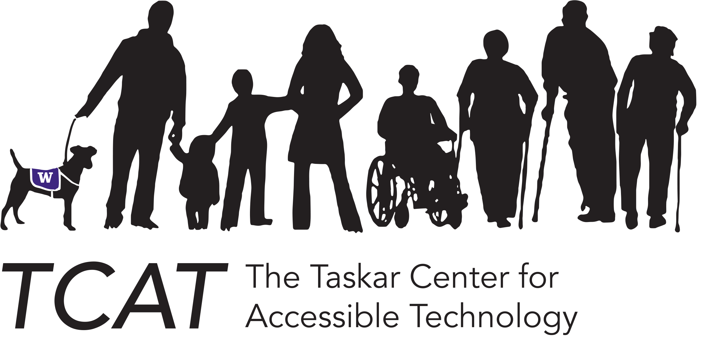 Logo for The Taskar Center for Accessible Technology shows silhouettes depicting people (and a dog) with various mobility aids. Below, the TCAT acronym and full text are in black text.