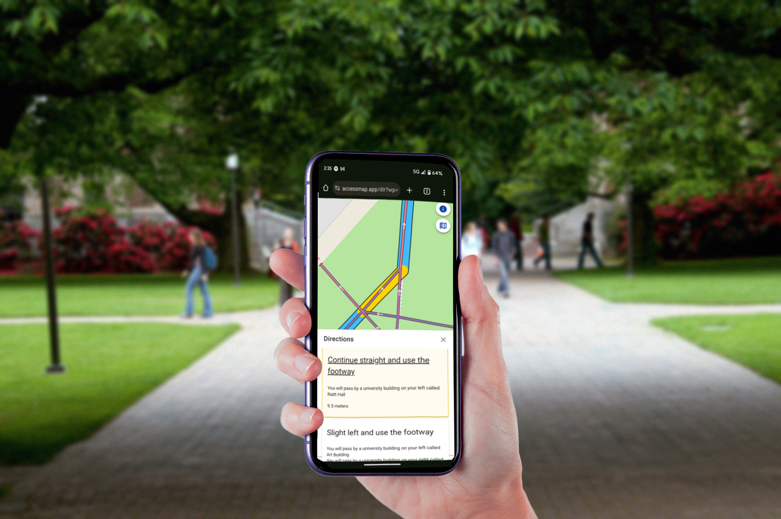 A phone with AccessMap multimodal in step by step directions mode.